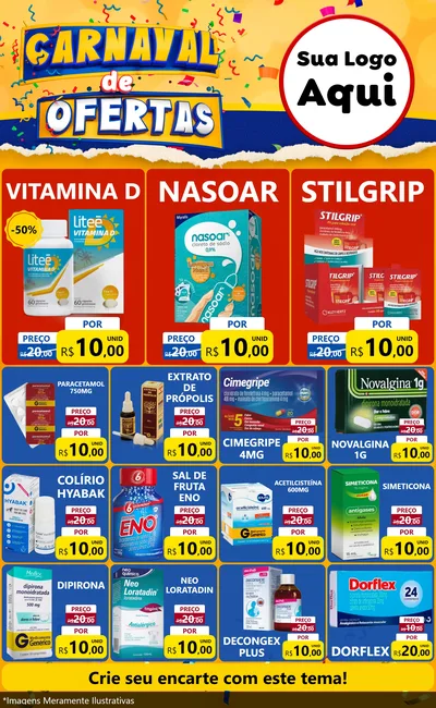 Modelo de Encarte para Encarte Grande com o tema Carnaval de Ofertas para Farmácia
