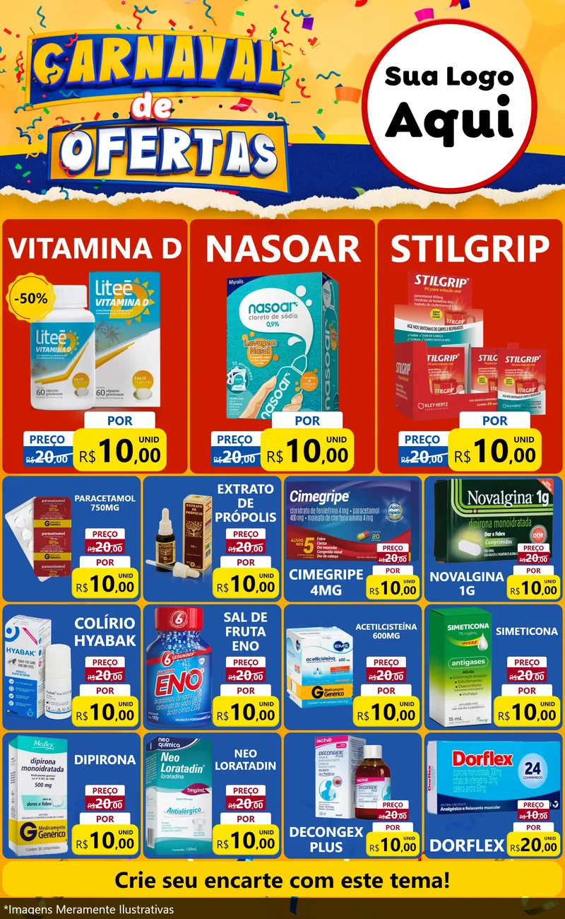 Modelo de Encarte para Encarte Grande com o tema Carnaval de Ofertas para Farmácia