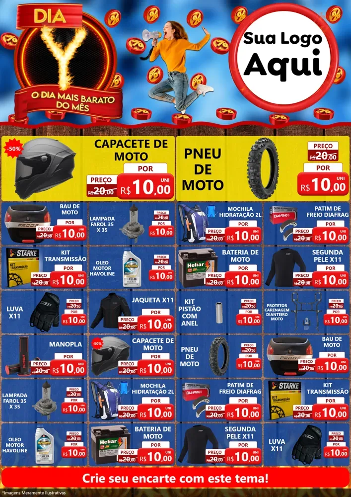 Modelo de Encarte para Encarte A4 Vertical com o tema Dia Y - O Dia Mais Barato Do Mês para Moto peças