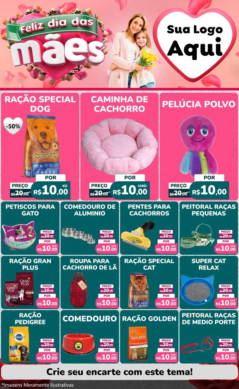 Modelo de Encarte para Encarte Grande com o tema Feliz Dia das Mães para Pet Shop