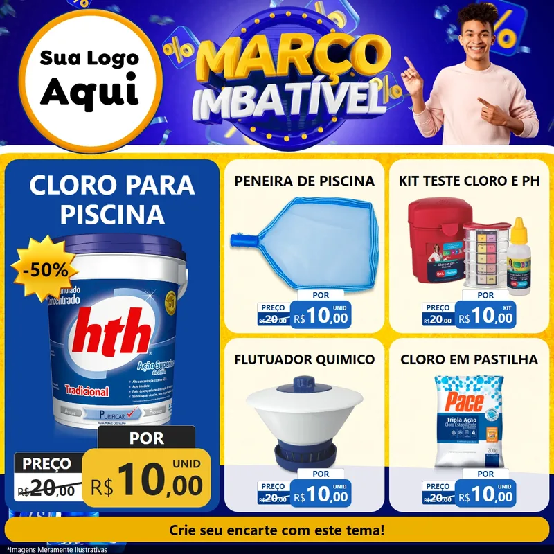 Modelo de Rede Social para Feed Facebook com o tema Março Imbatível para Produtos para Piscina