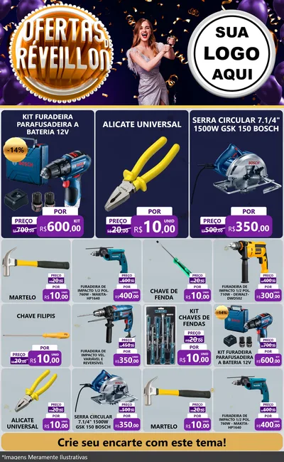 Modelo de Encarte para Encarte Grande com o tema Ofertas de Réveillon para Maquinas e Ferramentas