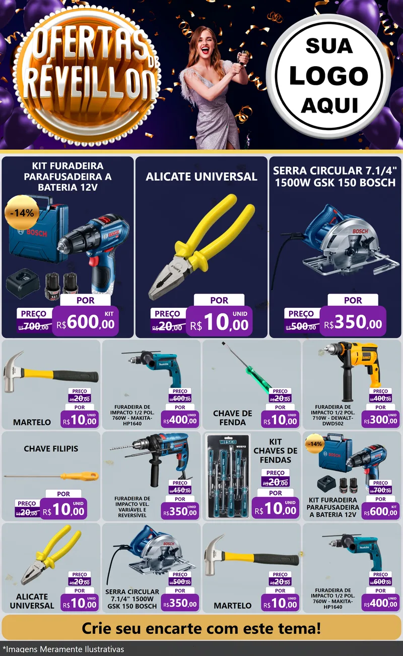 Modelo de Encarte para Encarte Grande com o tema Ofertas de Réveillon para Maquinas e Ferramentas