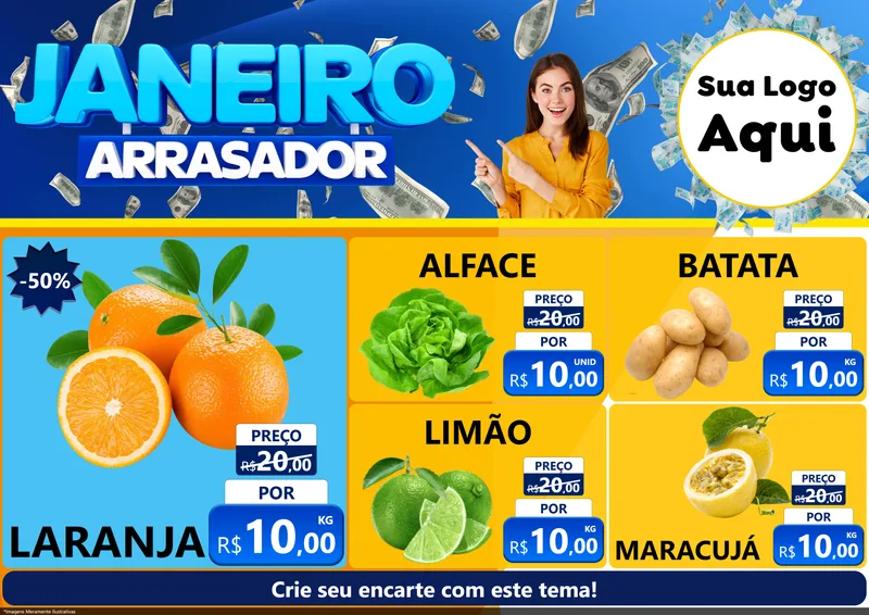 Modelo de Encarte para Encarte A4 Horizontal com o tema Janeiro Arrasador para Hortifrúti