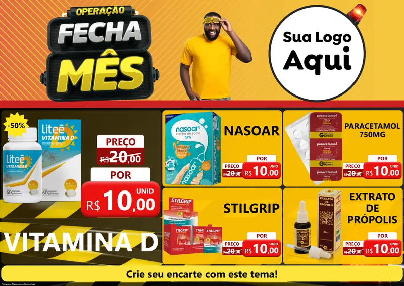 Modelo de Encarte para Encarte A4 Horizontal com o tema Operação Fecha Mês para Farmácia
