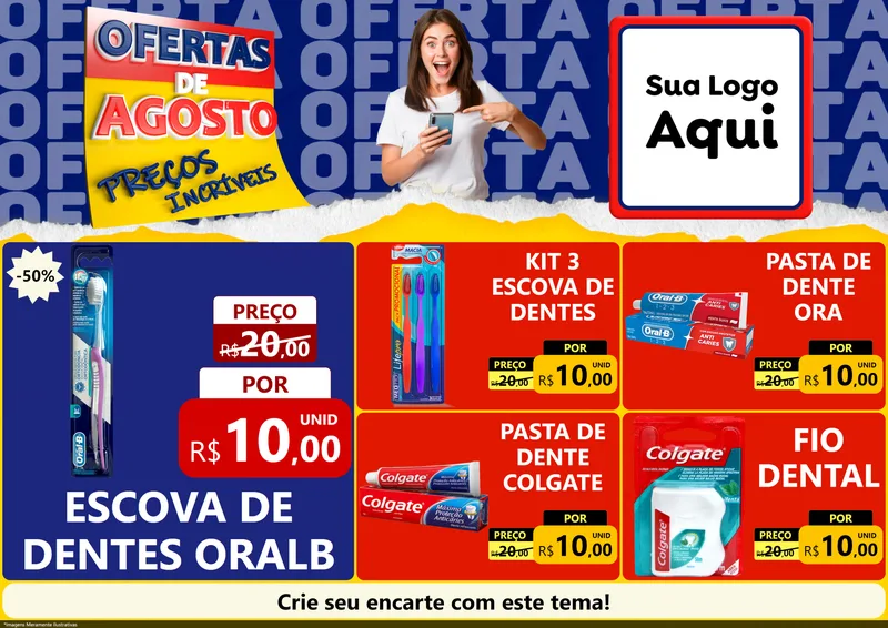 Modelo de Encarte para Encarte A4 Horizontal com o tema Ofertas de Agosto - Preços Incríveis para Higiene Pessoal