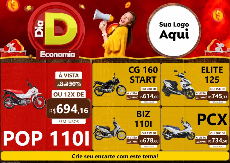 Modelo de Encarte para Encarte A4 Horizontal com o tema Dia D Economia para Concessionaria de Motos