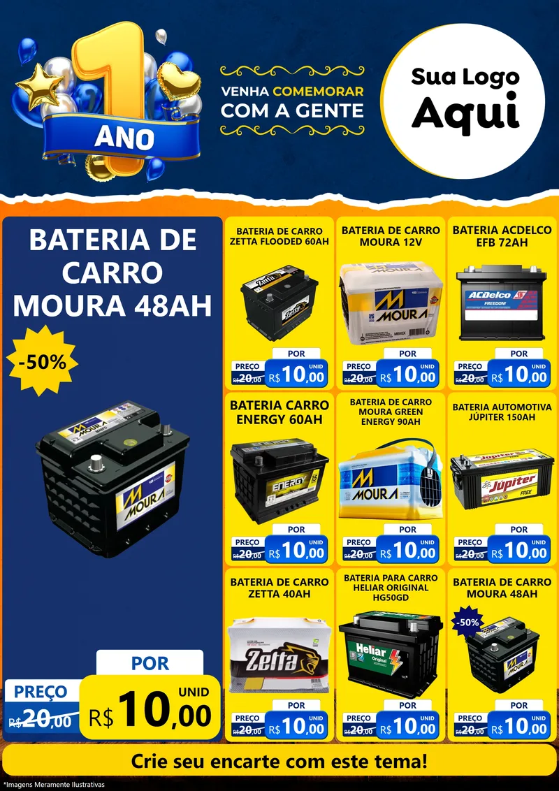 Modelo de Encarte para Encarte A4 Vertical com o tema Um Ano de Aniversário para Baterias Elétricas