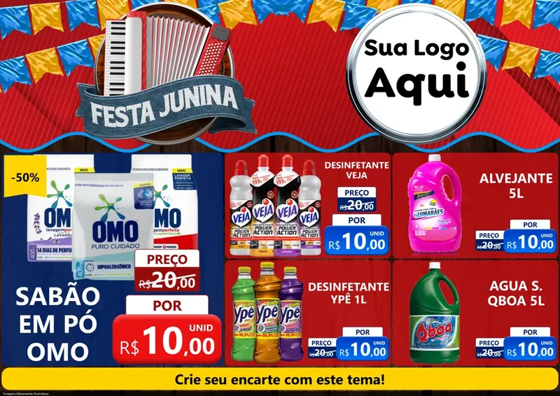 Modelo de Encarte para Encarte A4 Horizontal com o tema Festa Junina para Produtos de Limpeza