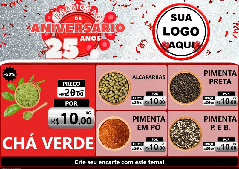 Modelo de Encarte para Encarte A4 Horizontal com o tema Promoção de Aniversário - 25Anos para Produtos Naturais