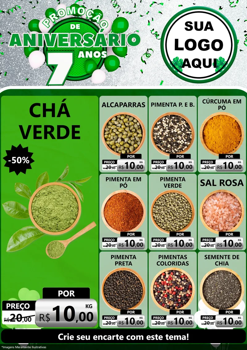 Modelo de Encarte para Encarte A4 Vertical com o tema Promoção de Aniversário - 7 Anos para Produtos Naturais