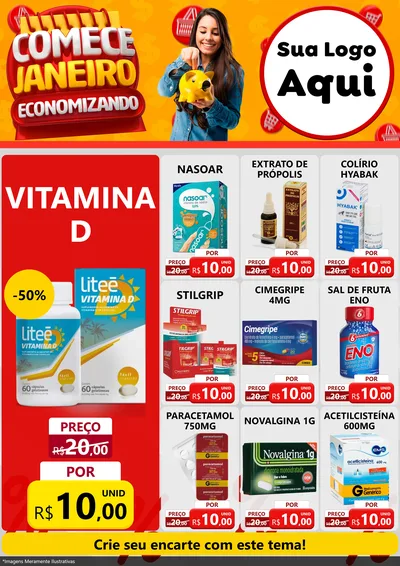 Modelo de Encarte para Encarte A4 Vertical com o tema Comece Janeiro Economizando para Farmácia