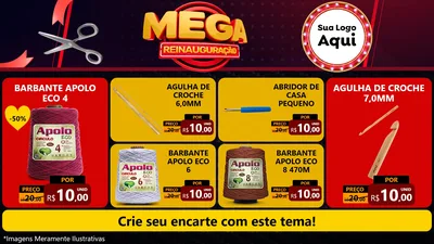 Modelo de TV para TV Horizontal com o tema Mega Reinauguração para Armarinho e Aviamentos