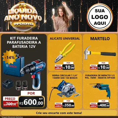 Modelo de Rede Social para Feed Facebook com o tema Liquida Ano Novo Imperdível para Maquinas e Ferramentas