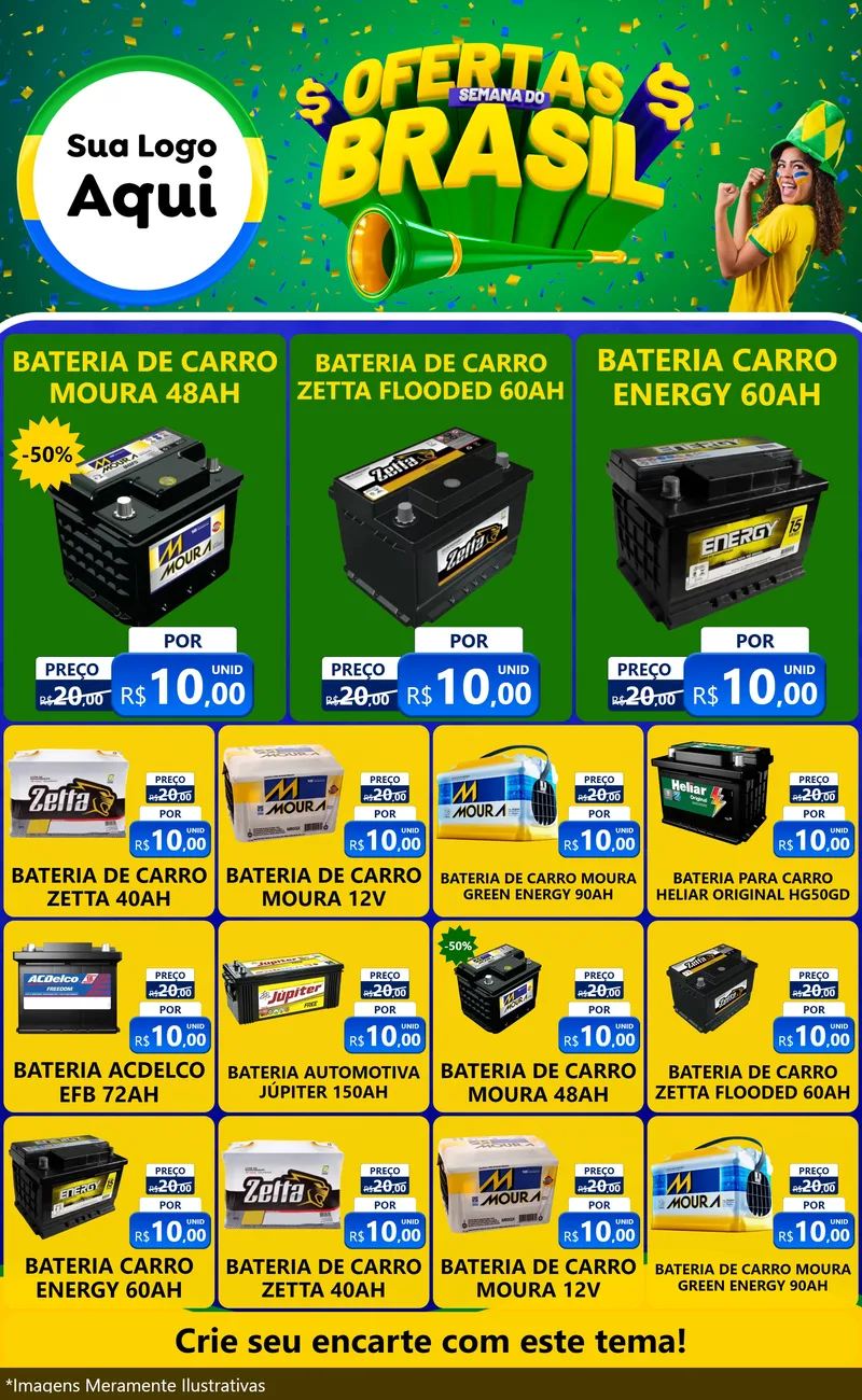 Modelo de Encarte para Encarte Grande com o tema Ofertas Semana do Brasil para Baterias Elétricas