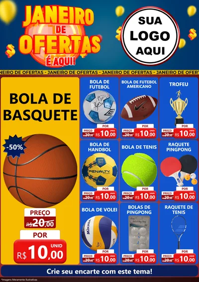 Modelo de Encarte para Encarte A4 Vertical com o tema Janeiro de Ofertas É Aqui! para Artigos Esportivos