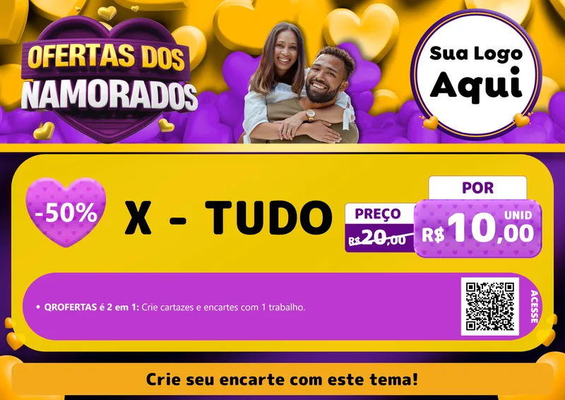 Modelo de Cartaz para Cartaz A4 Horizontal com o tema Oferta Dos Namorados para Hamburgueria