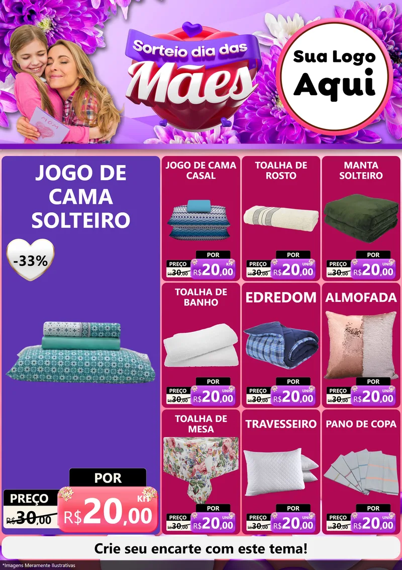 Modelo de Encarte para Encarte A4 Vertical com o tema Sorteio Dia das Mães para Cama, Mesa e Banho