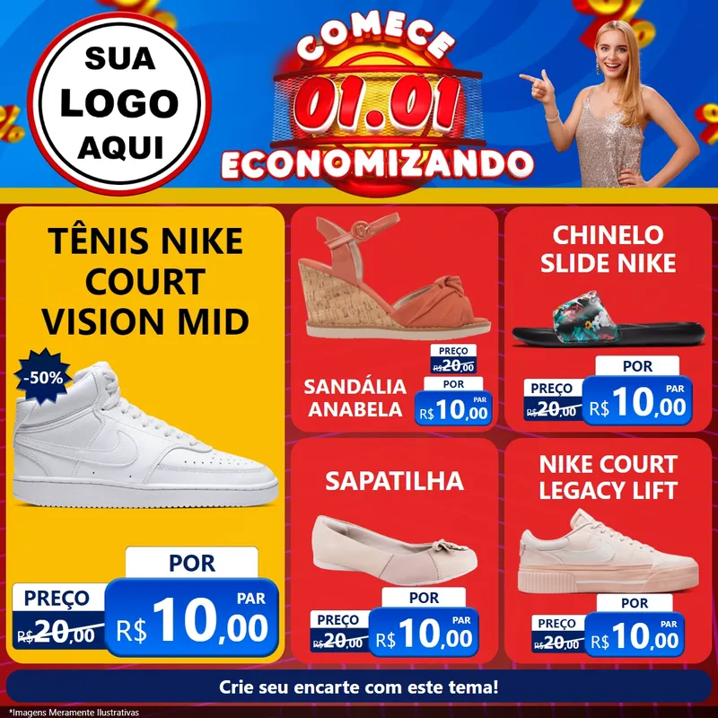 Modelo de Rede Social para Feed Facebook com o tema Comece 1º de Janeiro Economizando para Calçados