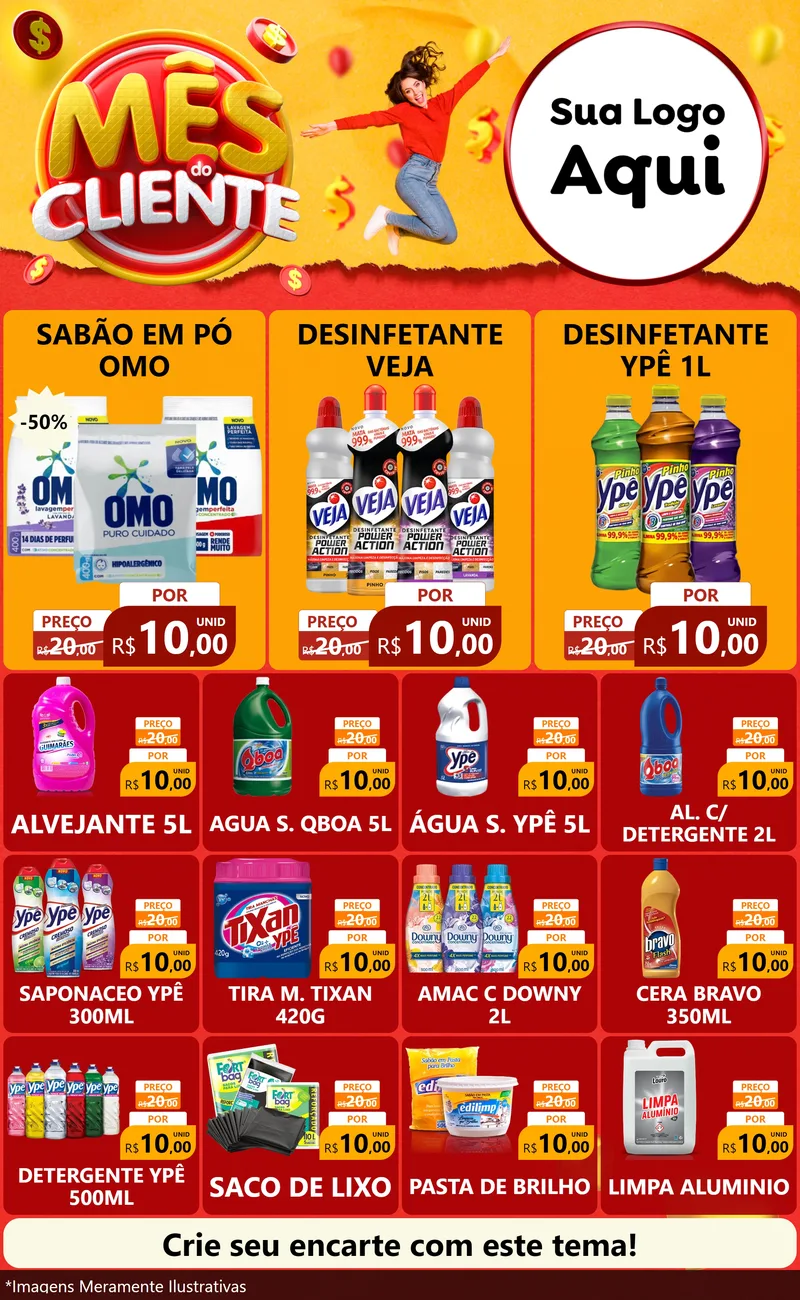 Modelo de Encarte para Encarte Grande com o tema Mês do Cliente para Produtos de Limpeza