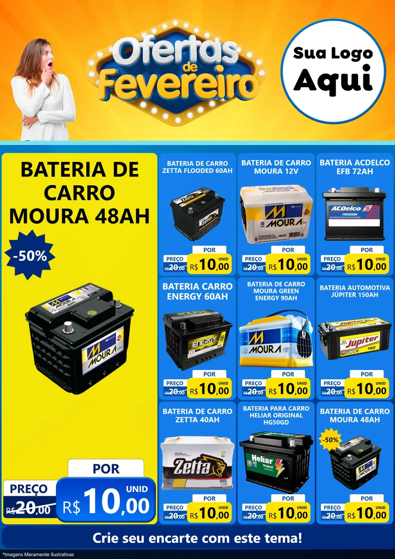 Modelo de Encarte para Encarte A4 Vertical com o tema Ofertas de Fevereiro para Baterias Elétricas