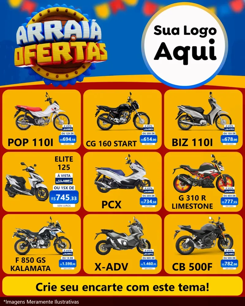 Modelo de Rede Social para Feed Instagram com o tema Arraiá de Ofertas - Junina para Concessionaria de Motos