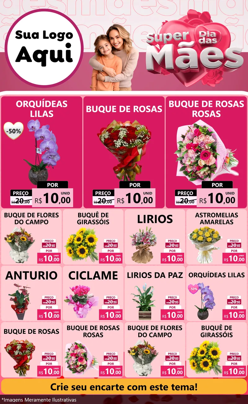 Modelo de Encarte para Encarte Grande com o tema Super Dia Das Mães para Floricultura e jardim