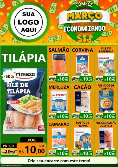 Modelo de Encarte para Encarte A4 Vertical com o tema Comece Março Economizando para Peixaria