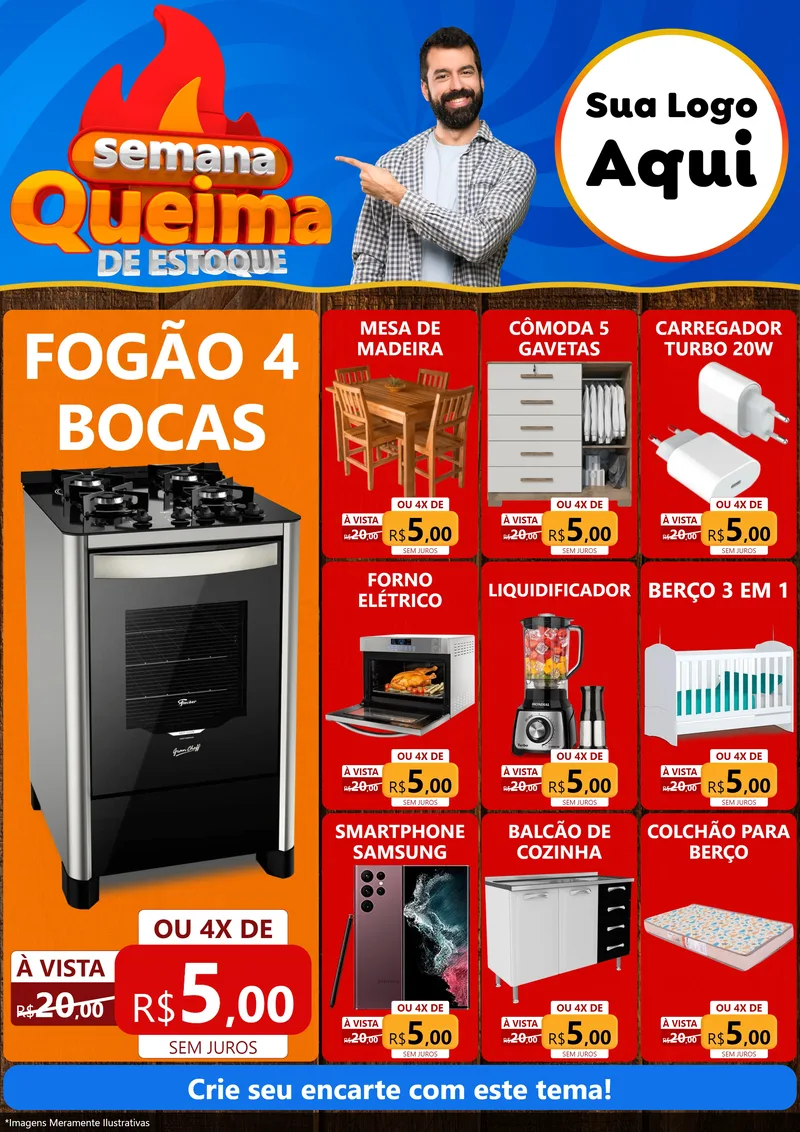 Modelo de Encarte para Encarte A4 Vertical com o tema Semana Queima de Estoque para Móveis e Eletro