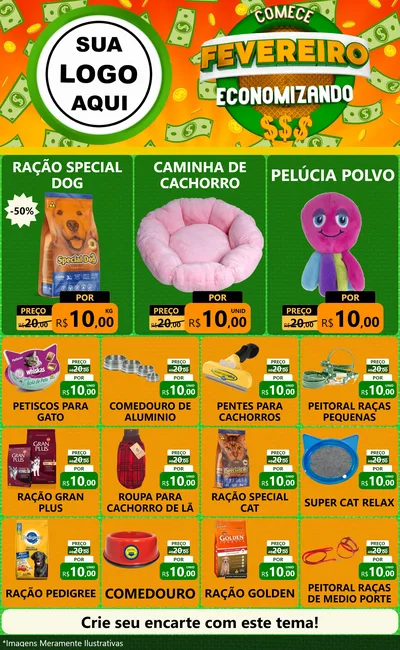 Modelo de Encarte para Encarte Grande com o tema Comece Fevereiro Economizando para Pet Shop