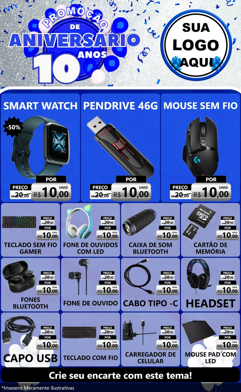 Modelo de Encarte para Encarte Grande com o tema Promoção de Aniversário - 10 Anos para Informática