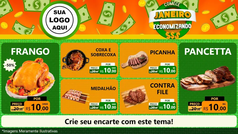 Modelo de TV para TV Horizontal com o tema Comece Janeiro Economizando para Assados