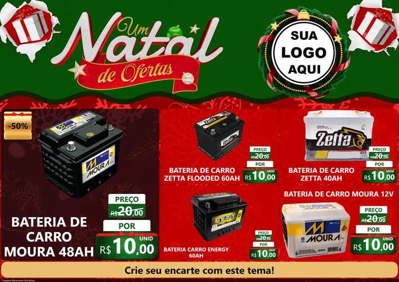 Modelo de Encarte para Encarte A4 Horizontal com o tema Um Natal de Ofertas para Baterias Elétricas