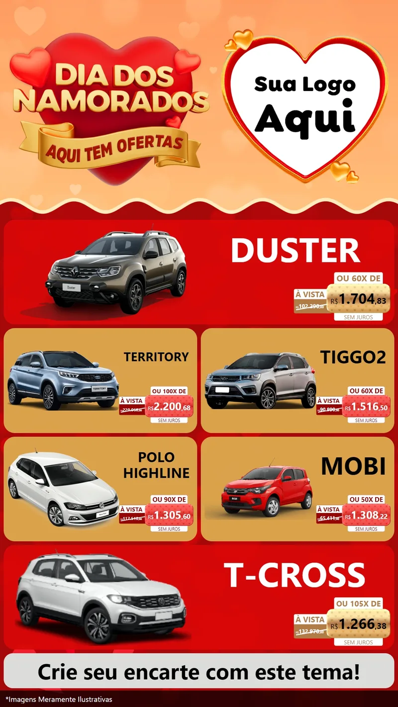 Modelo de TV para TV Vertical com o tema Dia dos Namorados - Aqui Tem Ofertas para Concessionaria de Carros