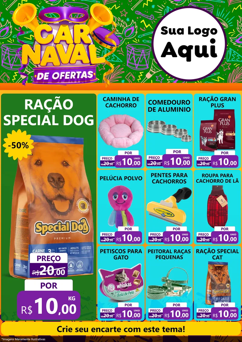 Modelo de Encarte para Encarte A4 Vertical com o tema Carnaval de Ofertas para Pet Shop