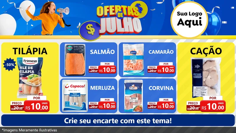 Modelo de TV para TV Horizontal com o tema Ofertas de Julho para Peixaria