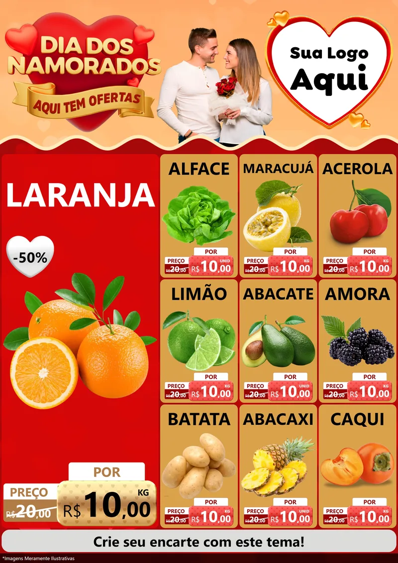 Modelo de Encarte para Encarte A4 Vertical com o tema Dia dos Namorados - Aqui Tem Ofertas para Hortifrúti