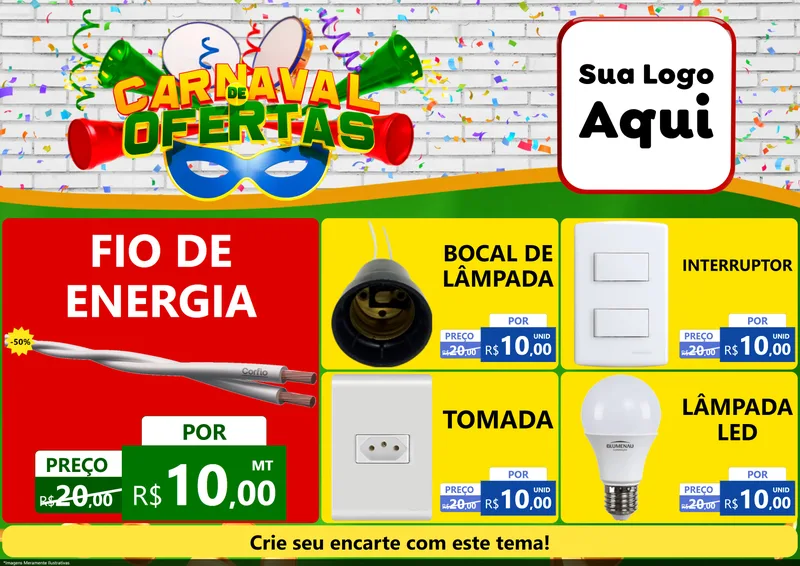 Modelo de Encarte para Encarte A4 Horizontal com o tema Carnaval de Ofertas para Materiais Elétricos