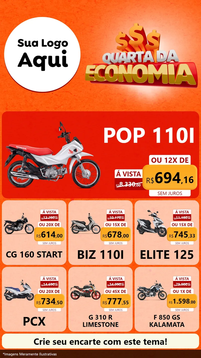Modelo de Rede Social para Stories com o tema Quarta da Economia para Concessionaria de Motos