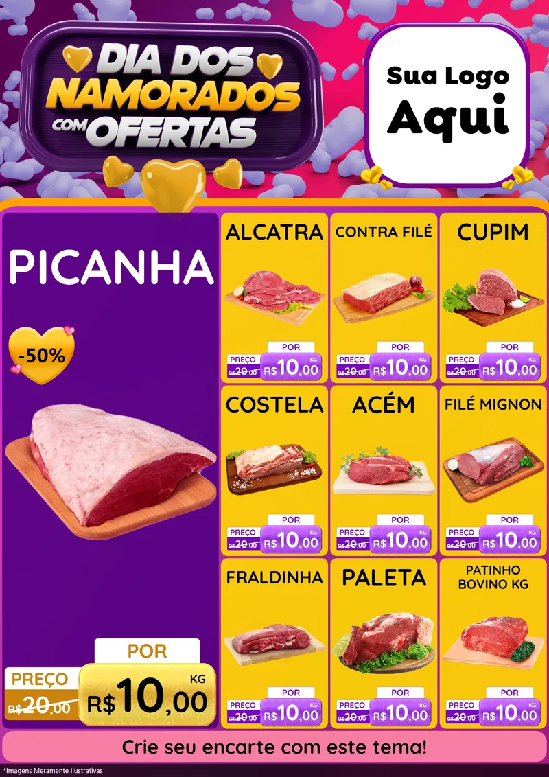 Modelo de Encarte para Encarte A4 Vertical com o tema Dia Dos Namorados Com Ofertas para Açougue