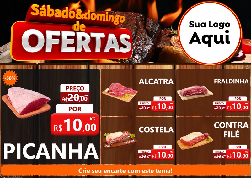Modelo de Encarte para Encarte A4 Horizontal com o tema Sábado e Domingo de Ofertas - Carne / Açougue para Açougue