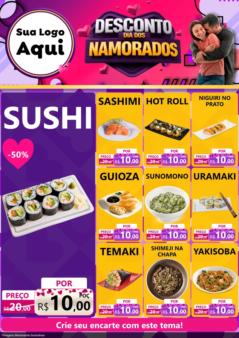 Modelo de Encarte para Encarte A4 Vertical com o tema Desconto Dia dos Namorados para Comida japonesa