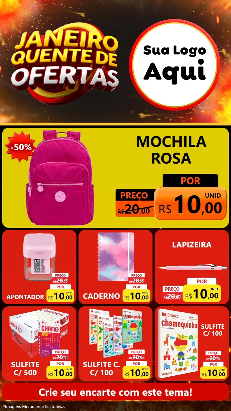 Modelo de Rede Social para Stories com o tema Janeiro Quente de Ofertas para Papelaria