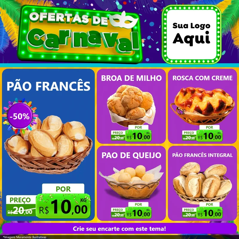 Modelo de Rede Social para Feed Facebook com o tema Ofertas de Carnaval para Padaria