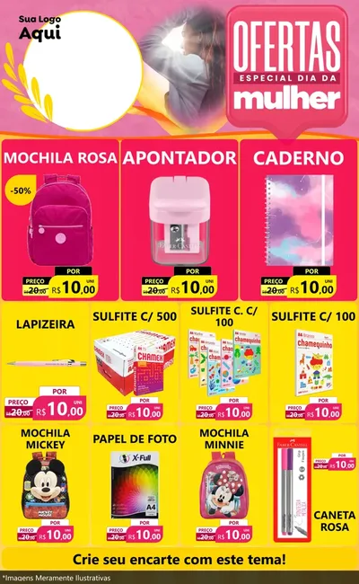Modelo de Encarte para Encarte Grande com o tema Ofertas - Especial Dia Das Mulheres para Papelaria