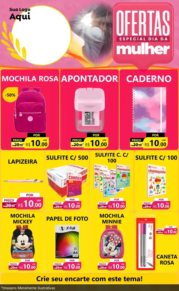 Modelo de Encarte para Encarte Grande com o tema Ofertas - Especial Dia Das Mulheres para Papelaria