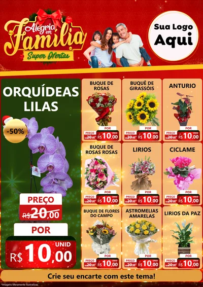 Modelo de Encarte para Encarte A4 Vertical com o tema Alegria em Família Super Ofertas - Natal para Floricultura e jardim