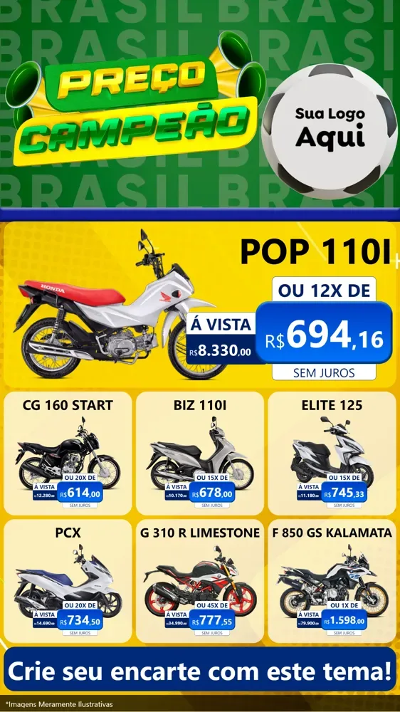 Modelo de Rede Social para Stories com o tema Preço Campeão - Copa para Concessionaria de Motos