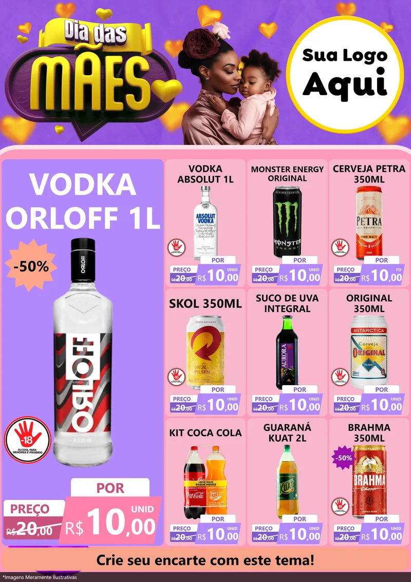 Modelo de Encarte para Encarte A4 Vertical com o tema Dia das Mães para Distribuidora de bebidas