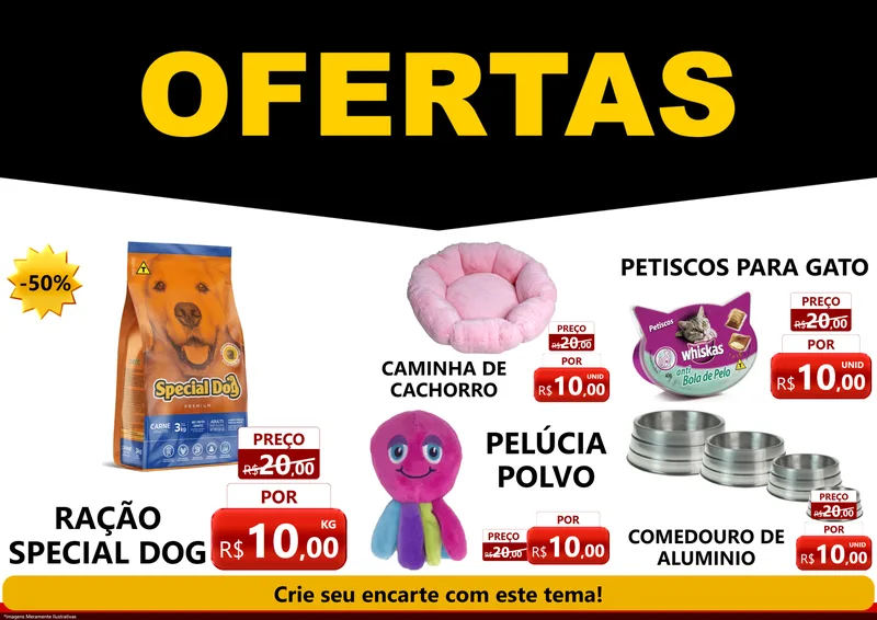 Modelo de Encarte para Encarte A4 Horizontal com o tema Ofertas Preto e Vermelho Cartaz para Pet Shop